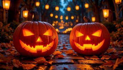 Spooky Halloween night with glowing jack-o'-lanterns and festive lanterns illuminating a cobblestone path