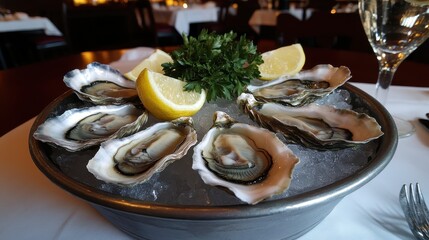 Fresh Oysters on Ice with Lemon Slices and Parsley Garnish