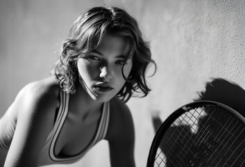 Black and white portrait of female tennis player with intense gaze, holding racket, sports lifestyle concept, determination, athletic strength, professional competition mood, selective focus

