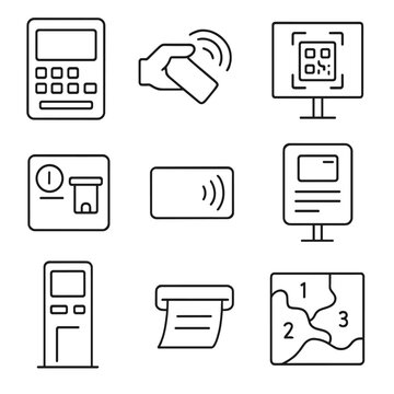 Ticketing Features Icons. Outline style icons of Ticketing Features at Stops: ticket machine panel, card tap icon, QR scan board,