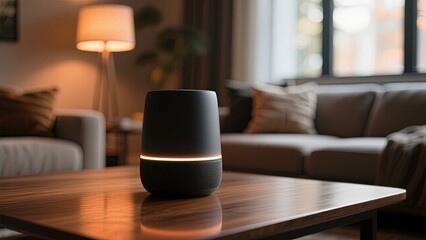 Modern smart speaker placed on a wooden table in a cozy living room with natural light, 3d render