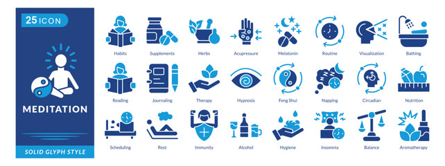 meditation icon set collection in solid glyph style. an icon pack contain habits, supplements, herbs, acupressure, melatonin, routine, visualization, bathing, reading, journaling