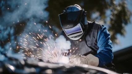 A welder skillfully fuses steel in a workshop, creating striking light bursts against the dark metal backdrop.