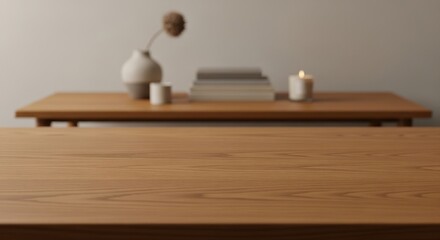 Wooden Tabletop with Blurred Background of Vase, Books, and Candles
