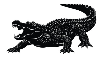 Naklejka premium Alligator's Shadow: A majestic alligator, rendered in striking black and white, strides confidently across an unseen plane.