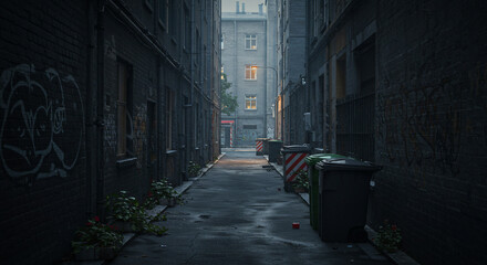 A narrow alleyway between tall buildings with graffiti and trash cans on a cloudy day in the city