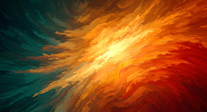 Abstract fiery sunset; impasto painting; warm, vibrant, dynamic energy; teal and orange hues.