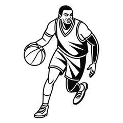 Fototapeta premium Black athlete dribbles ball intently on the court in monochrome with transparent background