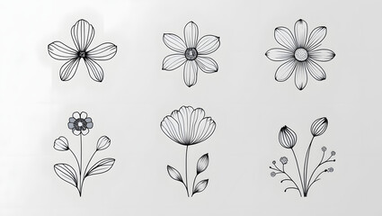Minimal Flower Icon Set – Five Unique Simple Floral Designs in Clean Flat Style on White Background, Perfect for Modern Branding and Graphic Projects