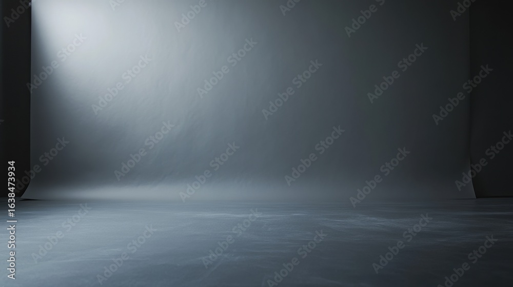 Wall mural low angle photo of studio grey textured background lighted with soft light from the right to the lef