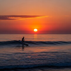 Fototapeta premium Surfing at Sunset: Silhouette on the Ocean Wave at Dusk