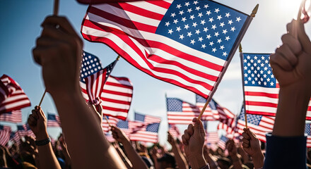 Patriotic Crowd Waving American Flags in Sunny Sky - Celebrating Freedom, Independence Day, Memorial Day, Labor Day, and National Holidays Concept