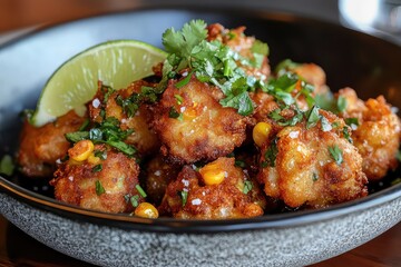 Fototapeta premium A serving of crispy corn fritters, garnished with fresh cilantro and served with a lime wedge