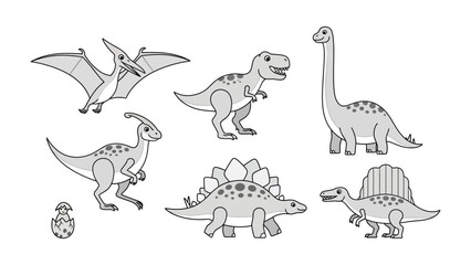 Prehistoric creatures in monochrome: A captivating illustration featuring a group of stylized monochrome dinosaurs. It's perfect for educational purposes or design projects. © mahmuda428