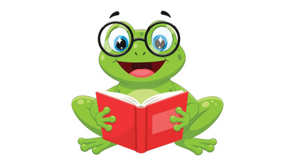 Bookworm Frog: A cartoon frog, adorned with spectacles, engrossed in reading a vibrant red book. A playful scene of intellect and education. 