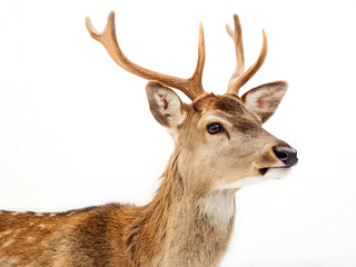 Fototapeta premium Close up of a deer with antlers against a white background looking to the right of the frame shot in studio