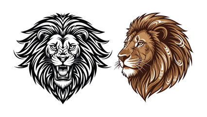 Majestic Lion Portrayal: An artistic representation of a regal lion, showcasing its fierce countenance and detailed features in two distinct artistic styles.