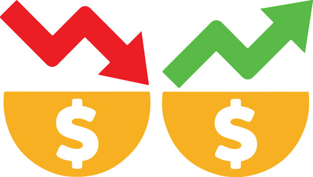 price, rate, profit increase and decrease icon, set of cost symbol dollar, money, coin sign with arrow up and down. transparent vector illustration for app, website, presentation