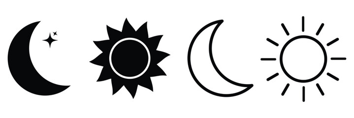 Sun and moon icon vector day and night icon set. dark and light mode icons contrast level signs and symbols for app user interface and web elements. Sun and night moon with stars editable stroke eps10