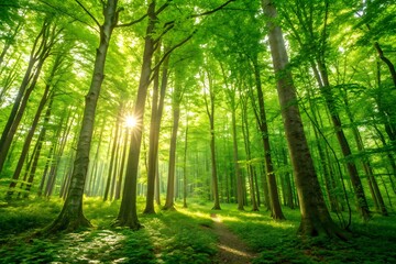 Obraz premium Sun Shining Through Tall Forest Trees nature green