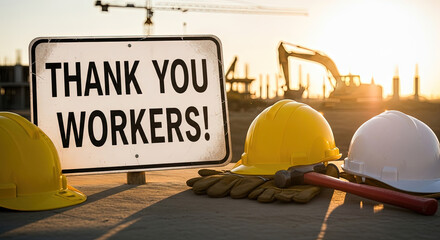 Construction Site Appreciation: Thank You Workers Sign with Hard Hats and Equipment at Sunset. Celebrating Labor, Dedication, and Skilled Trades
