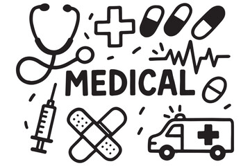 black and white medical doodles with stethoscope, syringe, pills, and ambulance medical concept illustration