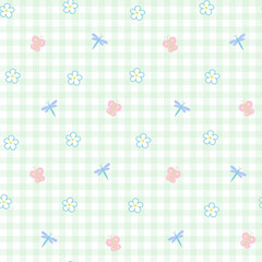 Cute Pastel Pattern With Butterflies, Dragonflies, Flowers, and Gingham Background
