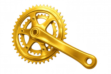Shiny gold bicycle crankset rotating on transparent background, ideal for cycling and achievement concepts