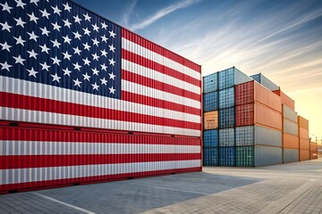 USA Flag Shipping Containers Stacked Outdoors USA flag United States
