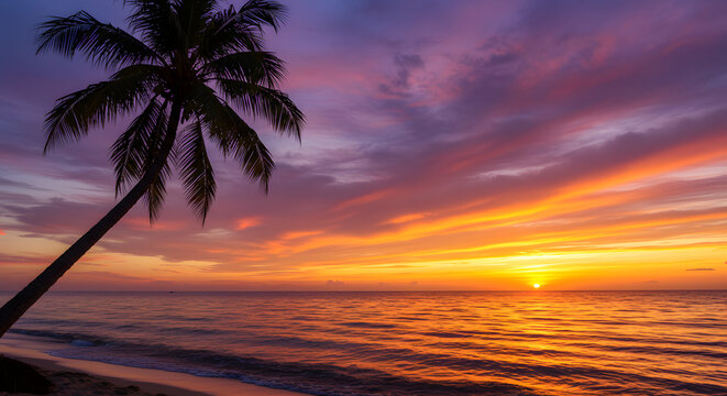 A lone palm tree silhouette against a dramatic purple and orange sunset over a calm ocean. - Powered by Adobe