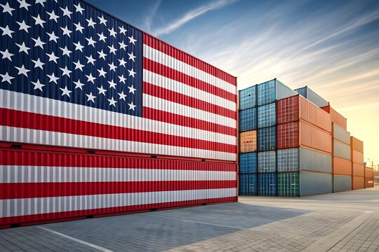 USA Flag Shipping Containers Stacked Outdoors USA flag United States