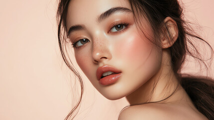 Fototapeta premium Asian beauty with subtle makeup, serene expression, white and beige tones, soft shadows, luxury beauty advertising style