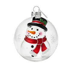 Glass christmas ornament with snowman inside isolated on transparent background