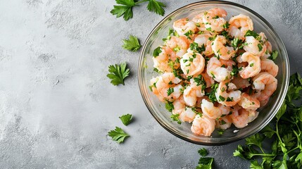 Fresh Cooked Shrimp with Herbs in a Bowl on Gray Background