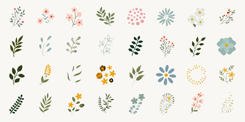 Collection of delicate hand drawn floral elements and leaves