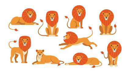 Royal Lions in Various Poses: A majestic collection of illustrated lions, embodying the essence of the king of beasts in various dynamic postures. © mahmuda428