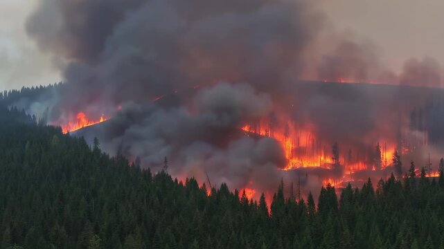 An intense wildfire rages through a dense forest, sending thick plumes of smoke into the sky. The ominous flames devour everything in their path, creating a dramatic and alarming scene. 