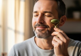 Man using jade face roller for skincare and relaxation