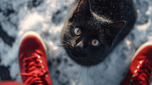 Black Cat with Snowflakes on Fur Looking Up Beside Red Sneakers in Winter Scene. Generate Ai