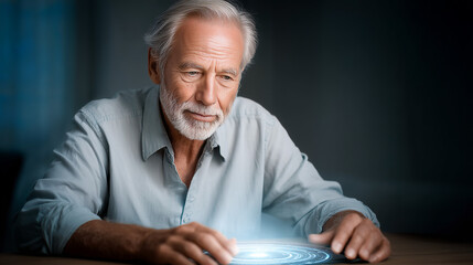 Elderly Man Using Futuristic Digital Interface
