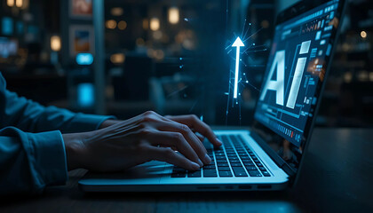 A Person Typing on a Laptop with a Glowing AI and Upward Arrow Symbol on the Screen, Artificial Intelligence, Technology, Progress, Data, Business