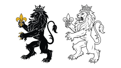 Majestic Lion Heraldry: Two regal lions, adorned with crowns and holding a fleur-de-lis, stand proudly in striking monochromatic contrast, perfect for emblems and design.