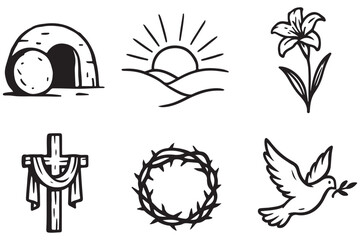 Fototapeta premium Easter Symbolism Tomb, Cross, Crown of Thorns, and Dove Line Art