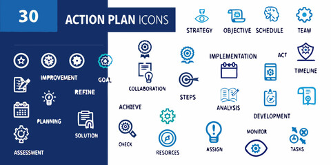 Collection of 30 action plan icons for business and strategy