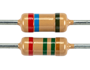 “Macro Shot of Resistor with Detailed Color Code and Metal Leads, isolated on a transparent background”.