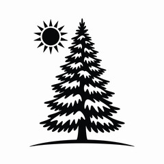 Stylized evergreen tree and sun silhouette illustration