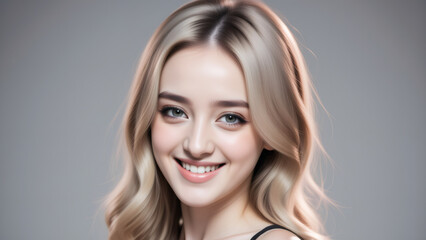 Fototapeta premium Smiling young woman with wavy blonde hair against a gray backdrop