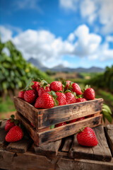 A rustic wooden crate filled with ripe strawberries fruit against a blue sky countryside background.