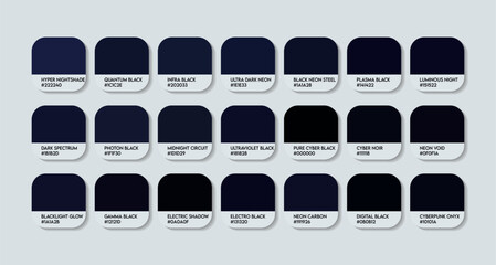 Neon Black Color Guide Palette with Color Names. Catalog Samples Neon Black with RGB HEX codes and Names. Neon Black Colors shades Vector, Black Color Palette, Fashion Trend Neon Blacks Color