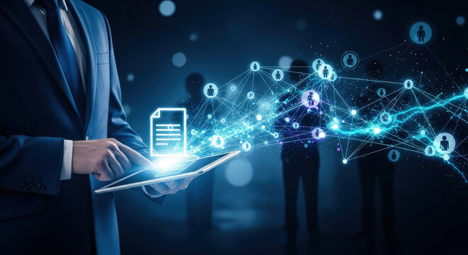 Digital Transformation: Businessman Using Tablet with Glowing Network, Data Connections, and Document Icon for Business Growth and Innovation Concept
